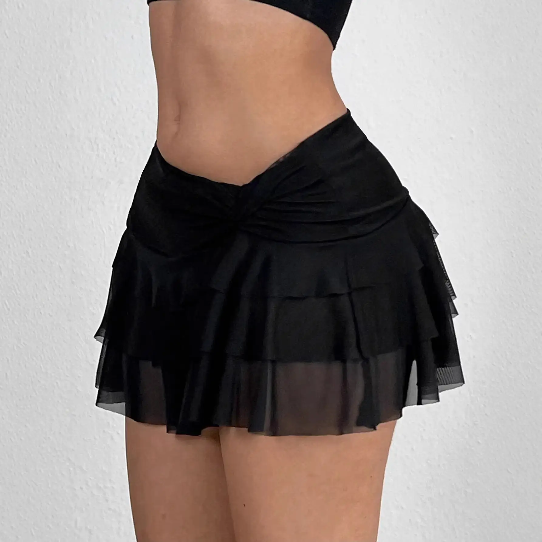 Asymmetrical White Tiered Ruffle Skirt With Pleated Waist Slimming Design