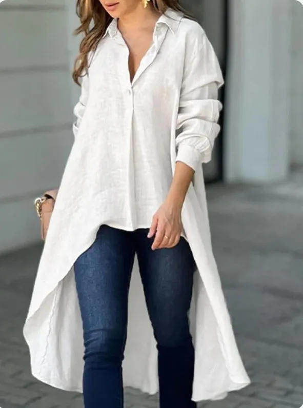 Elegant Long Sleeve Fashion Solid Color Loose Lapels Shirt White - Shop at LoveMi