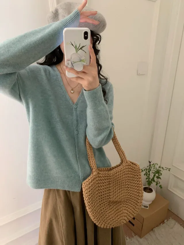 Women's Double Face Wool Leather V neck Long sleeved Knitted Cardigan New Flower Green - Shop at LoveMi