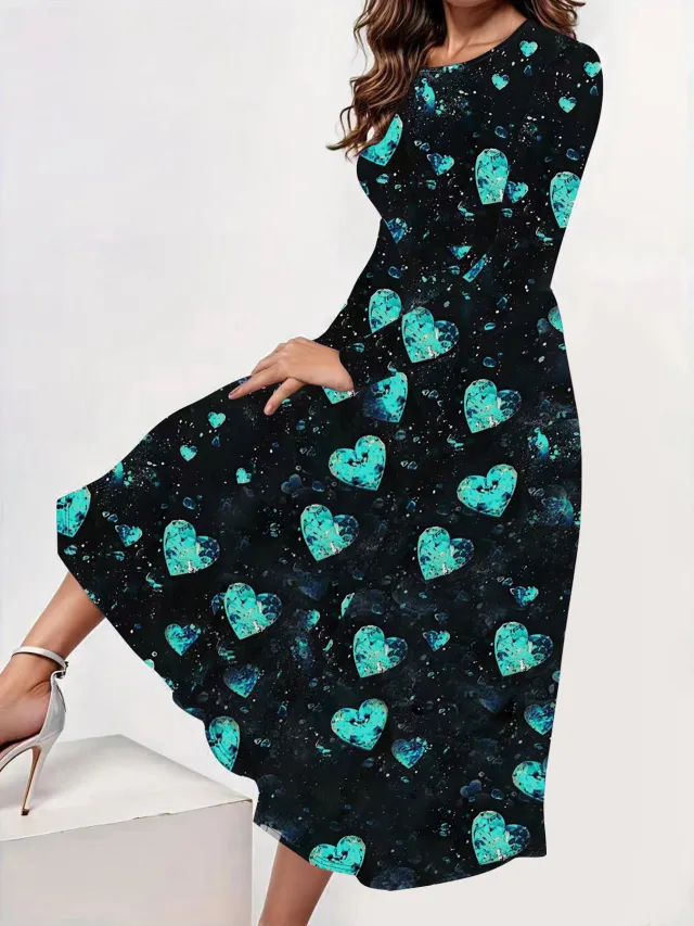 Womens Crew Neck Casual Valentines Day Dress With A Heart And Digital Print Black - Shop at LoveMi