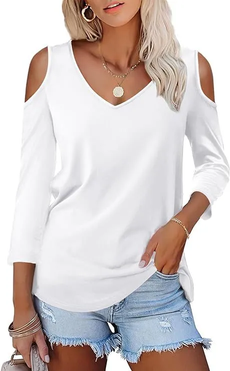 Off the shoulder Women's Solid Color Long Sleeve V neck Formal Casual Top Summer White - Shop at LoveMi