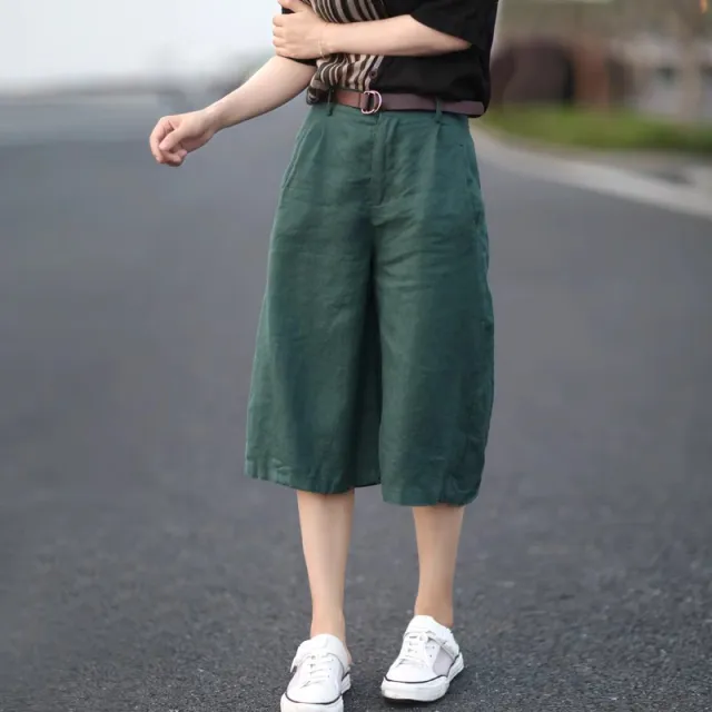 Casual Pants Baggy Oversized Cropped Pants Cotton Linen Cropped Pants Women's Slimming Linen Wide Leg Shorts Dark Green - Shop at LoveMi