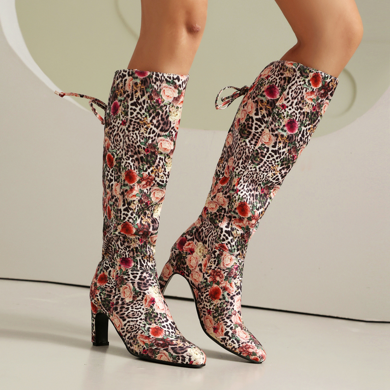 Womens Floral Patchwork Bowknot Chunky Heel Over-the-Knee Boots
