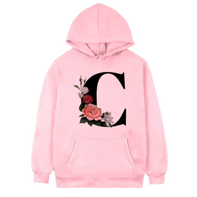 Women's 26-letter Flowers Printed Fleece Hoodie - Pink C