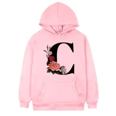 Women's 26-letter Flowers Printed Fleece Hoodie - Pink C - View 1
