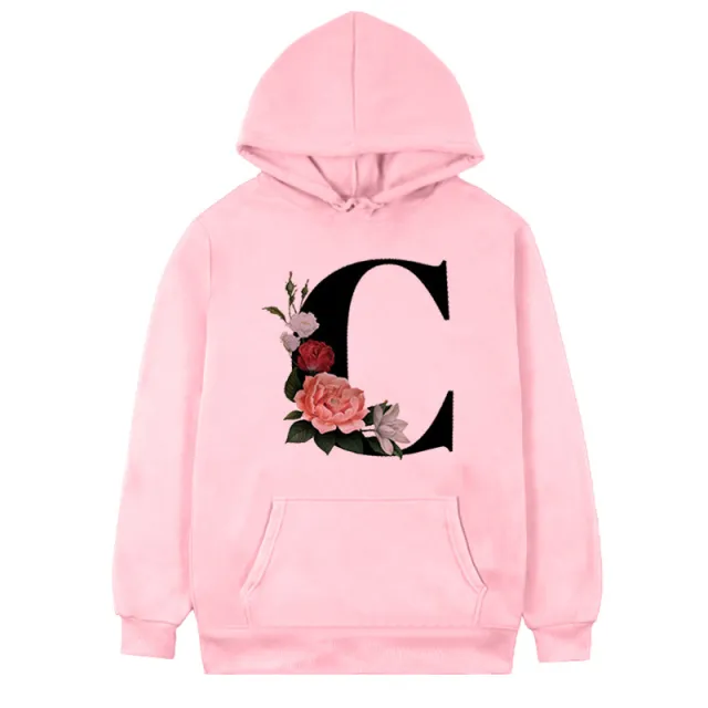 Women's 26 letter Flowers Printed Fleece Hoodie Pink C - Shop at LoveMi
