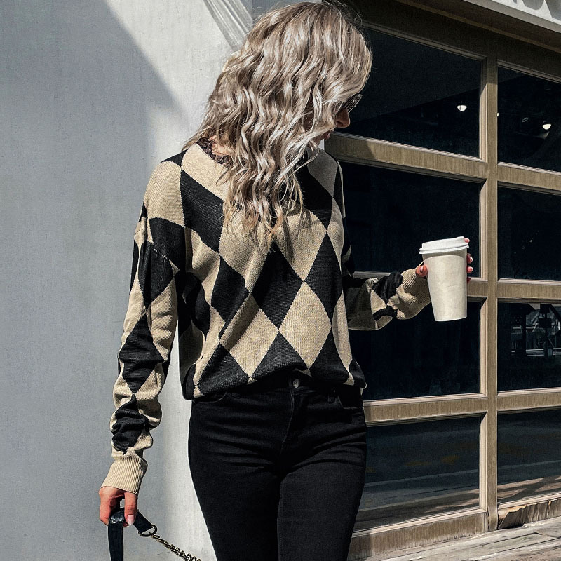 Women's Long-sleeved Rhombus Sweater
