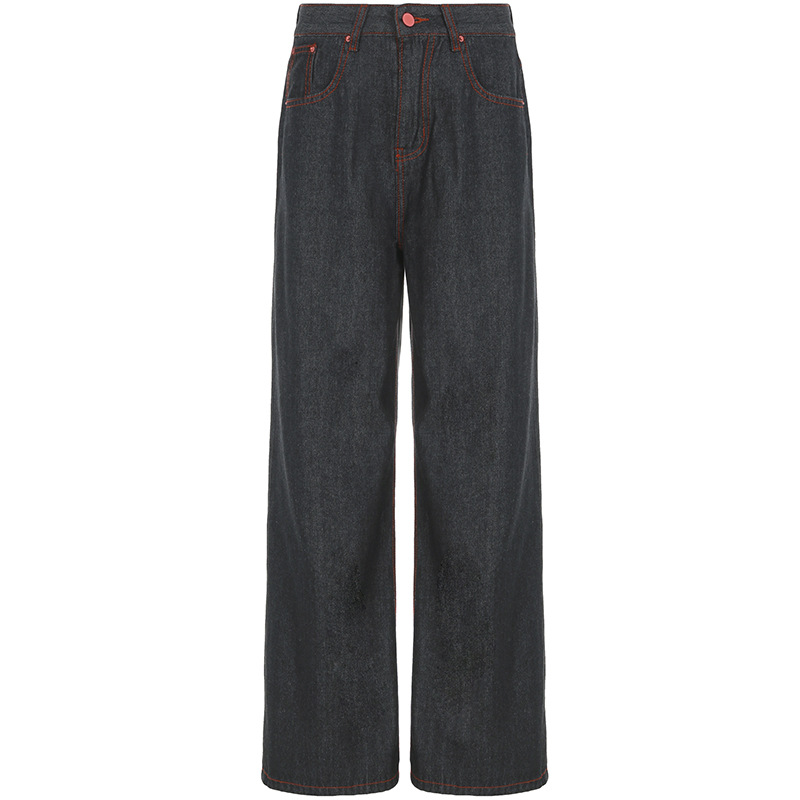 Women's Retro Contrast Embroidered Original Wide leg Jeans Black - Shop at LoveMi