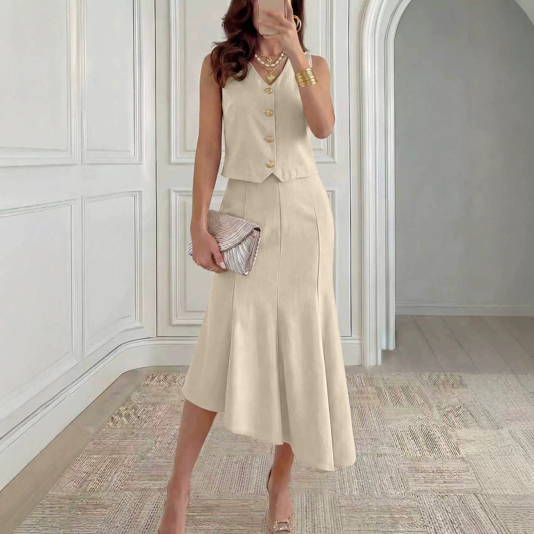 Womens Sleeveless Vest And Fishtail Skirt Set