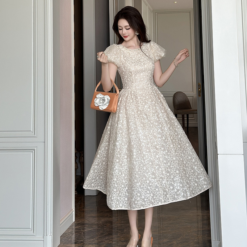 Vacation Style Puff Sleeve Wide Hem Lace Dress Apricot - Shop at LoveMi