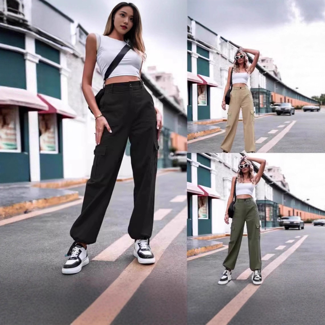 Womens Semi-elastic-waist European And American-style Utility Pants