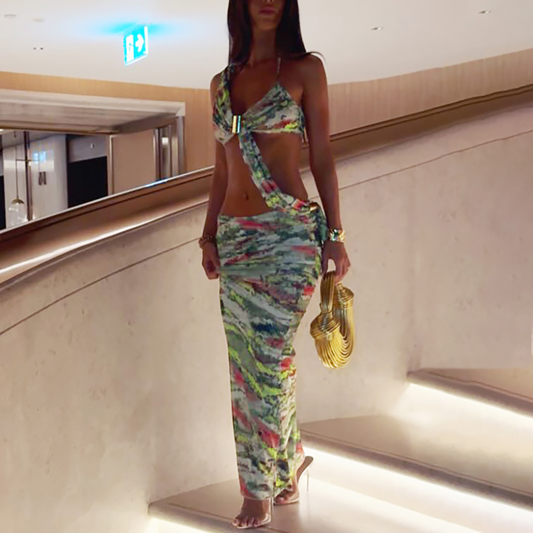 Sexy Backless Slim Fit Hollow Print Halter Lace-up Dress