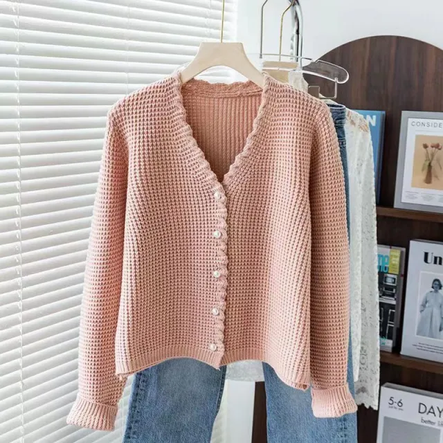 Women's V neck Outerwear All match Knitted Cardigan Pink - Shop at LoveMi