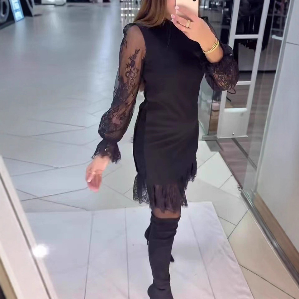 Fashionable Lace-Sleeved All-Match Slimming Frilly Long-Sleeve Dress For Women