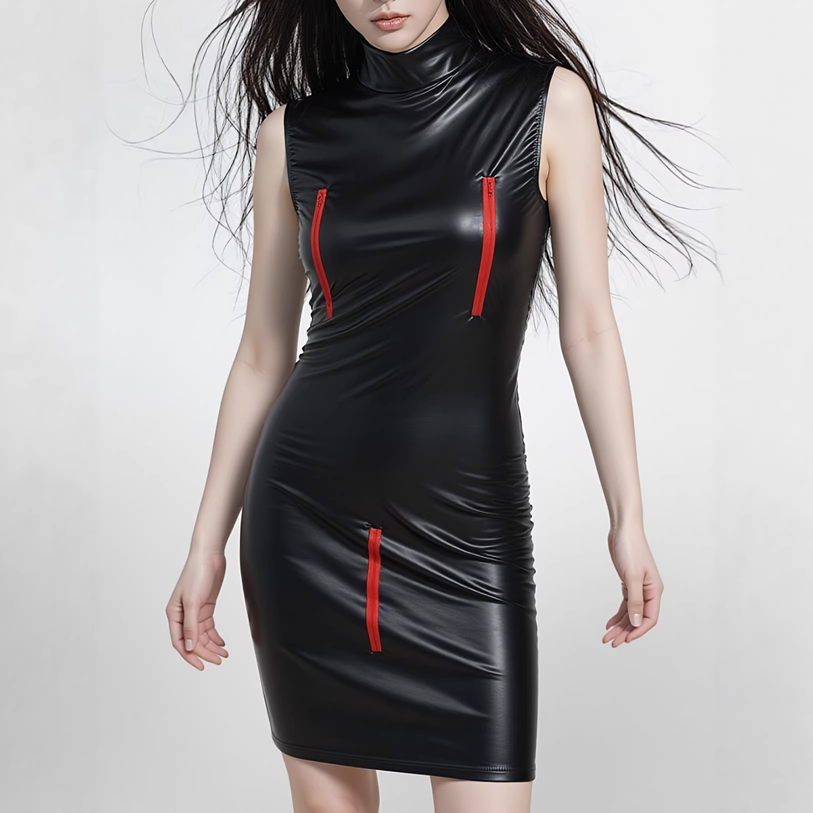 Faux Leather Sexy Zipper Matte Dress