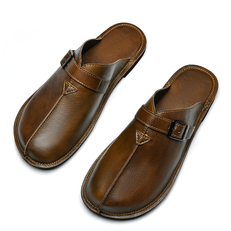 Cowhide Vintage British-style Flat Sandals Beach Shoes