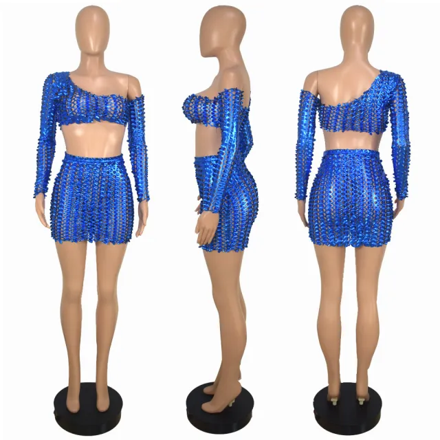 Fashion Net Hole Hollow out Dress European And American Two piece Set Blue - Shop at LoveMi