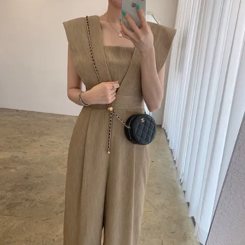 Women's Chiffon Retro Sleeveless Jumpsuit Wide Leg Pants Coffee - Shop at LoveMi