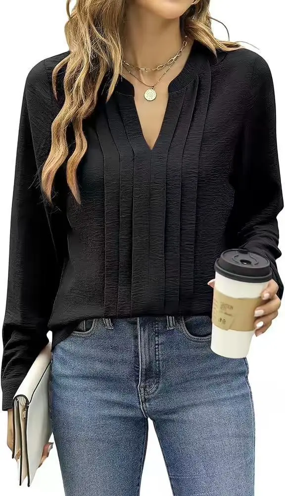 Temperament Commute Long Sleeve Solid Color Sweet Top Women's V neck Design Black - Shop at LoveMi