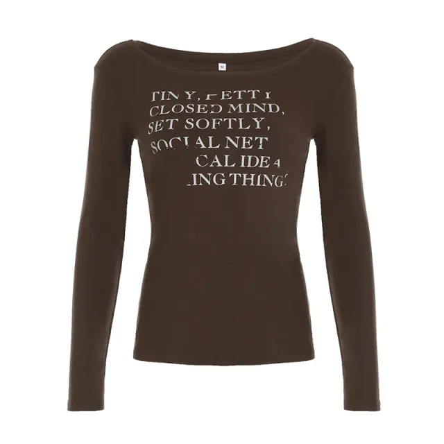 Printed Loose Large Round Neck Long Sleeves T shirt For Women Brown - Shop at LoveMi