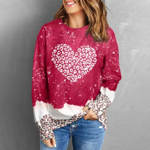 New Leopard Splicing Loose Sweater Women's European And American Outer Cap Tie dye Red Peach Heart - Shop at LoveMi