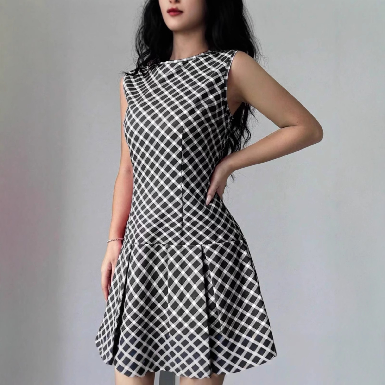 Women's Casual All-Match EuropeanAmerican Style Plaid Pleated Dress