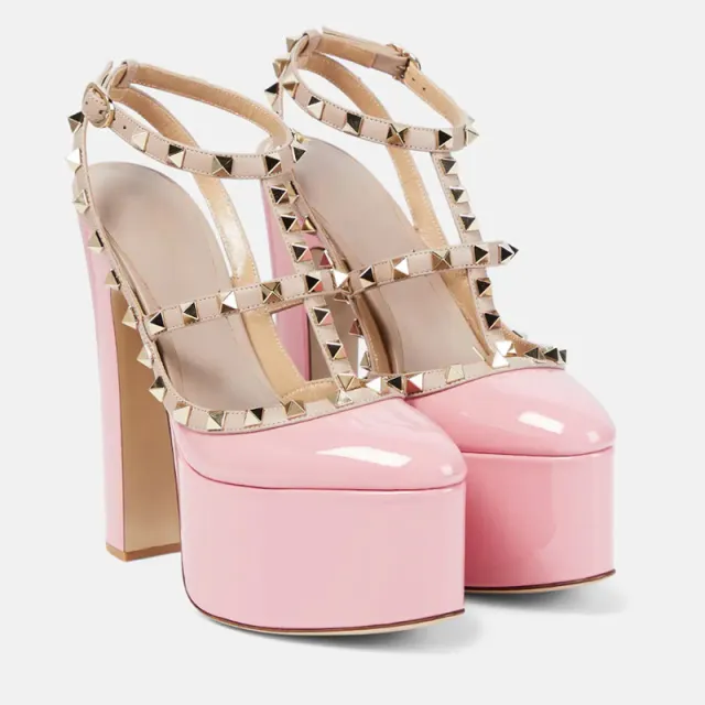 Rivet Round Head Strip Waterproof Platform Thick Heel Pumps Pink - Shop at LoveMi