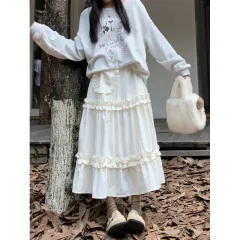 Sweet Elastic High Waist Slimming Wooden Ear Cake Dress Autumn Ruffled Skirt - Apricot - View 1