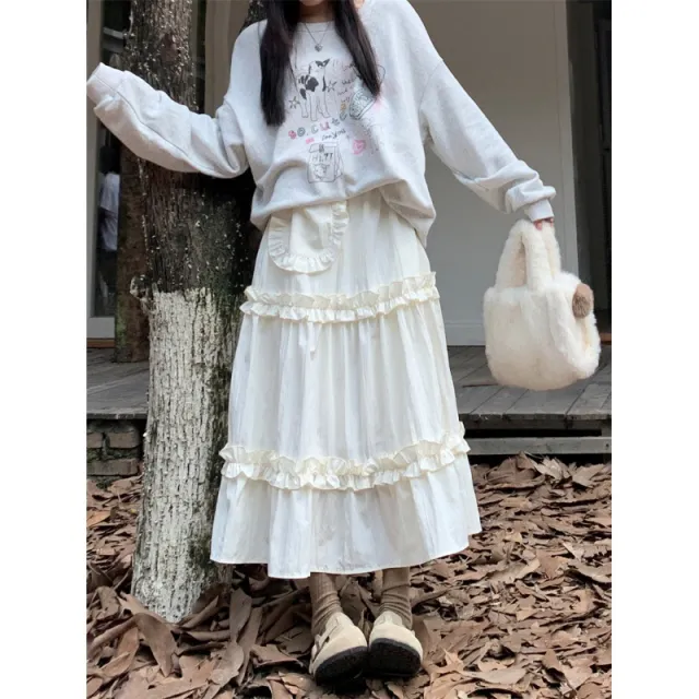 Sweet Elastic High Waist Slimming Wooden Ear Cake Dress Autumn Ruffled Skirt Apricot - Shop at LoveMi