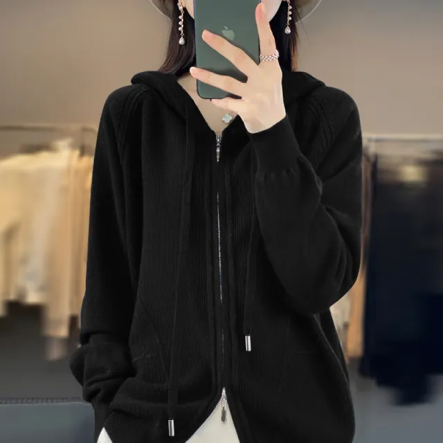 Hoodie Knitted Zipper Thickening Coat Black - Shop at LoveMi