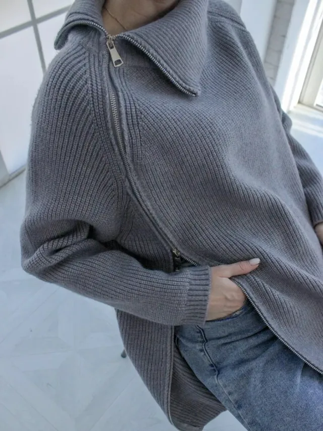 Idle Style Turtleneck Zipper Knitwear Sweater Loose Long Sleeve Top Gray - Shop at LoveMi