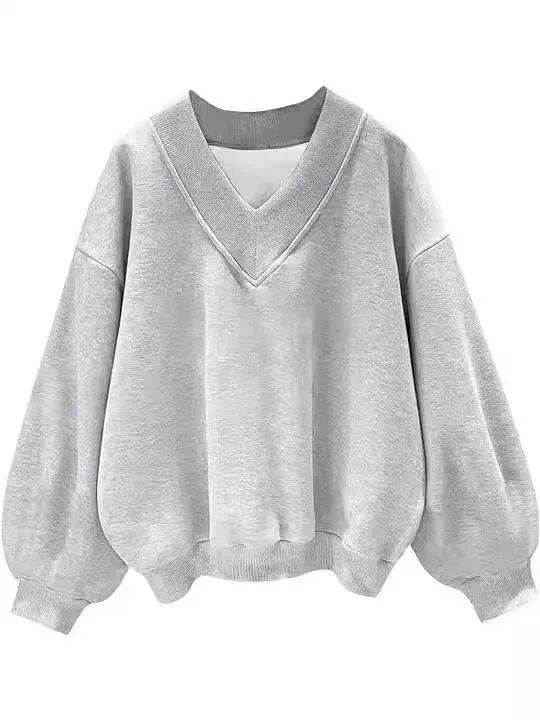 Korean Style Casual Loose All match V neck Top Net Version Gray - Shop at LoveMi