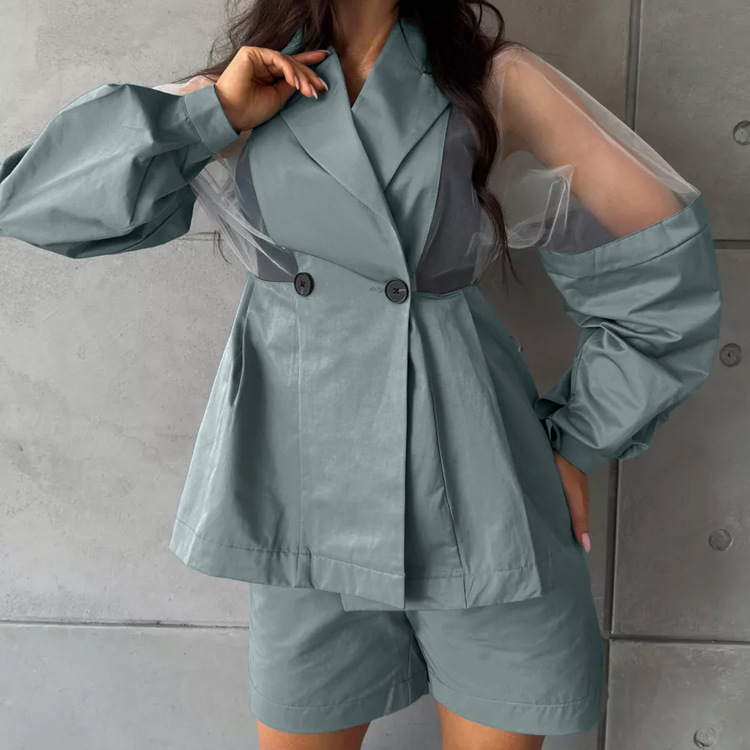 Mesh Stitching Long Sleeves Lapel Cardigan Top Shorts Two-piece Set