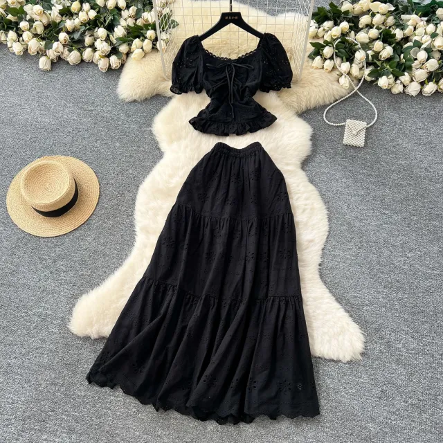 Womens Solid Color, Defined Waist, Square Neck Puff Sleeve Shirt And Skirt Set Black - Shop at LoveMi