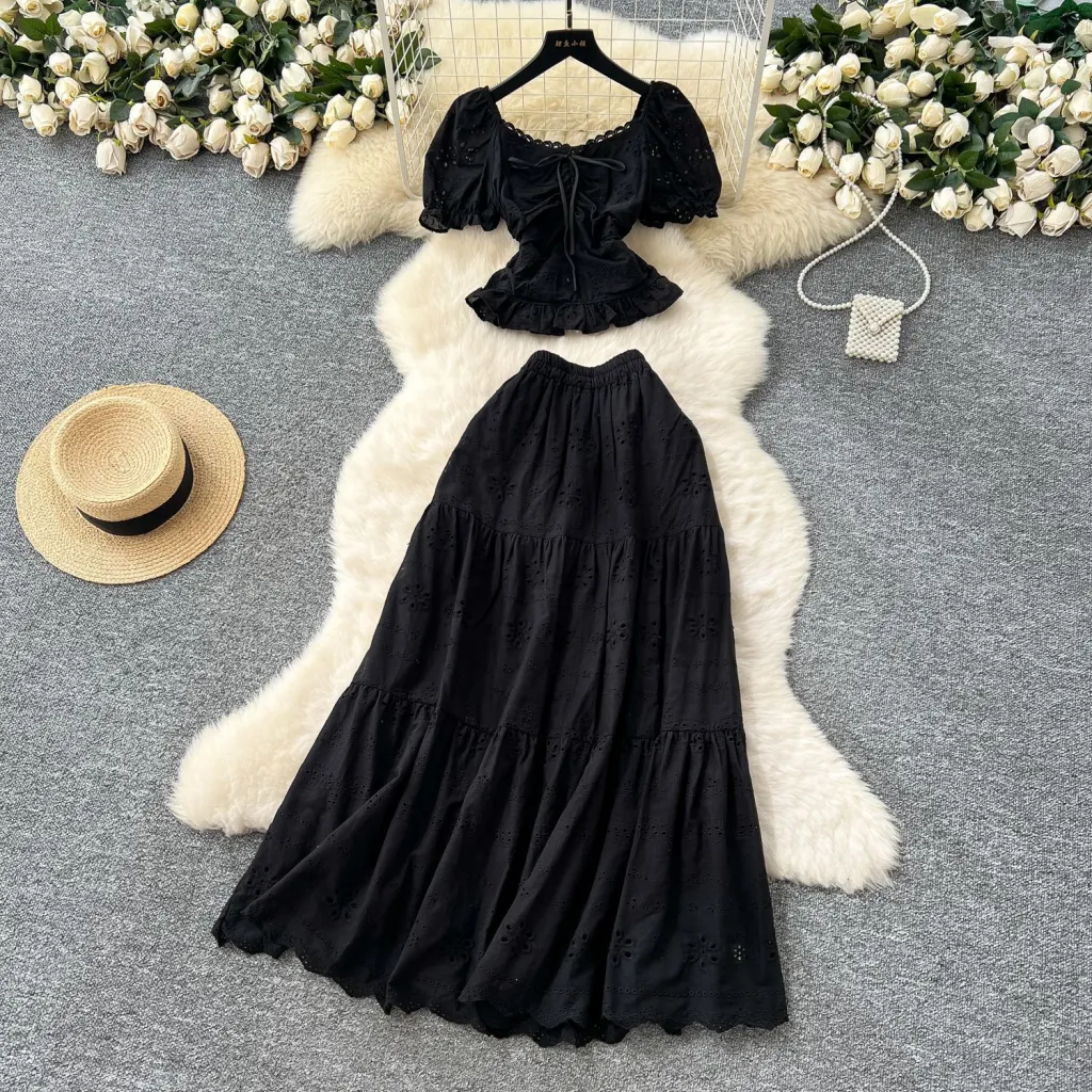 Womens Solid-Color, Defined-Waist, Square-Neck Puff-Sleeve Shirt And Skirt Set - Black