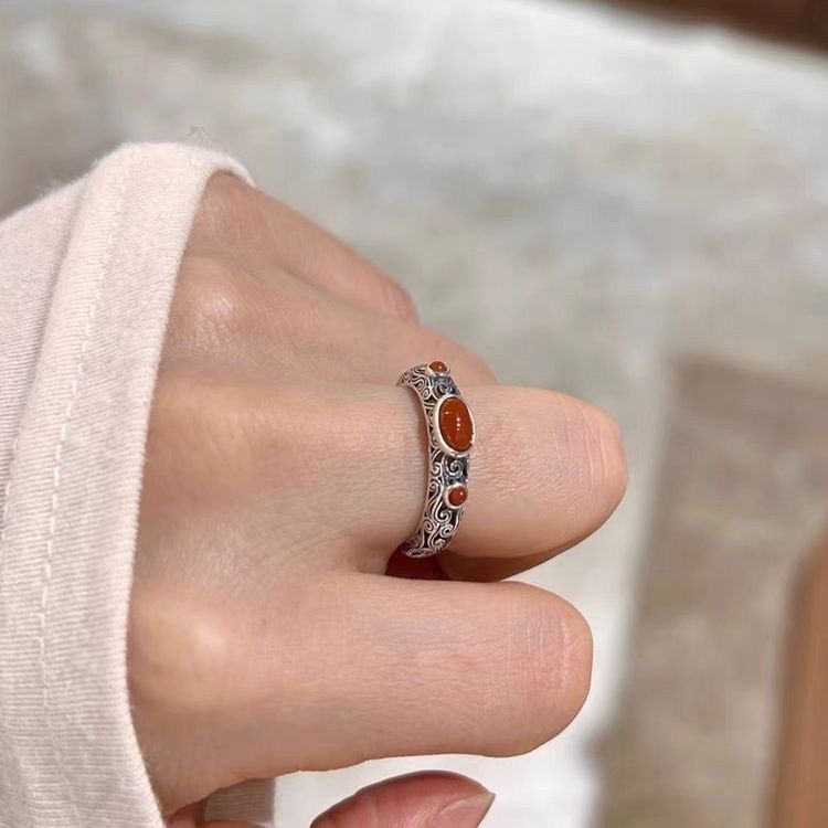 Retro Antique Finish Pattern Embellished Red Turquoise Ring