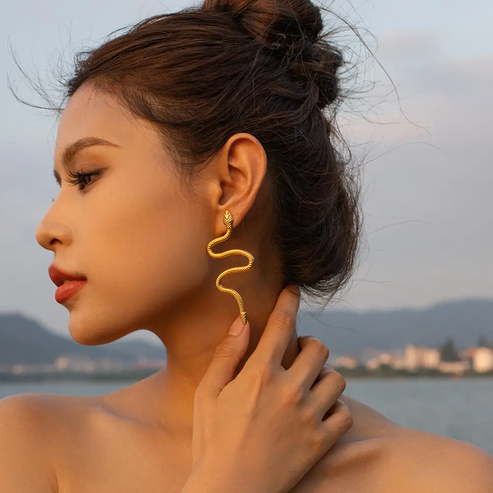 Gold Curved Snake Design Titanium Steel Earrings