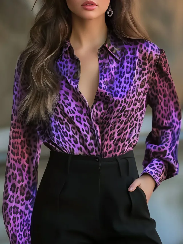High Elastic Satin Printed Leopard Print Spring And Autumn Leisure Loose Shirt 3E239 - Shop at LoveMi