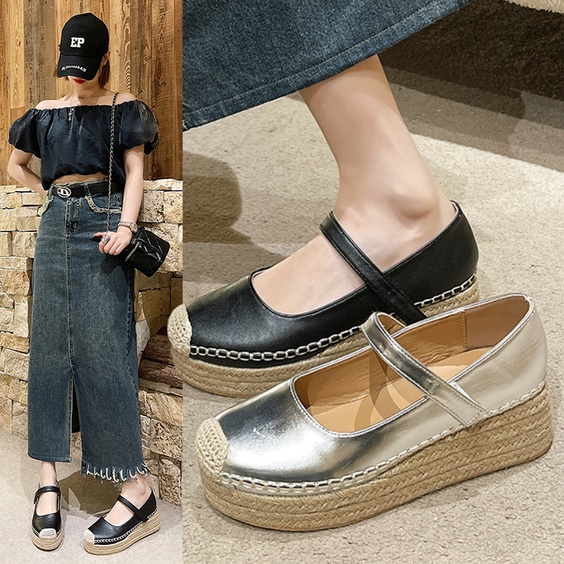 Versatile Wedge Heels Elegant Ankle-strap Pumps Low-cut Womens Leather Shoes