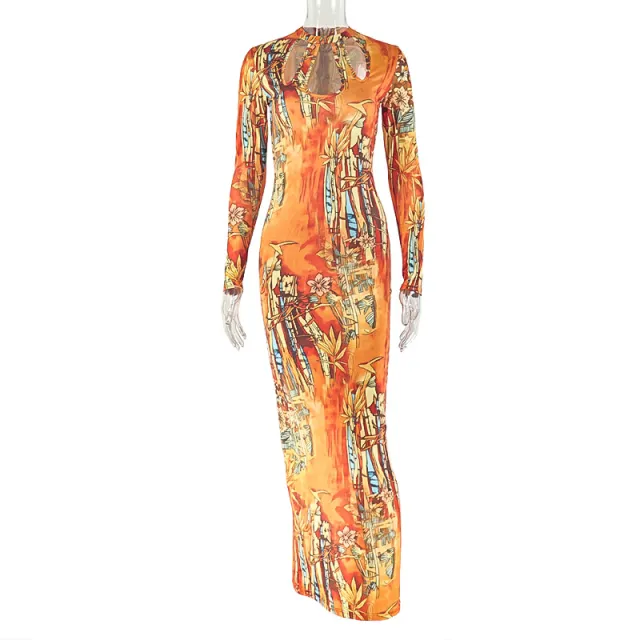Round neck Long sleeve Retro Trendy Dress Orange - Shop at LoveMi