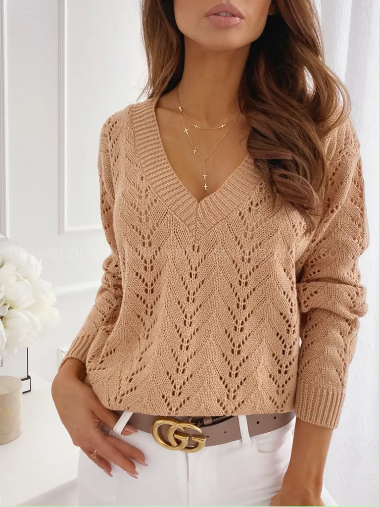 Polish Style Solid Color Mocha Hollow Out V-neck Knitwear Sweater - Khaki