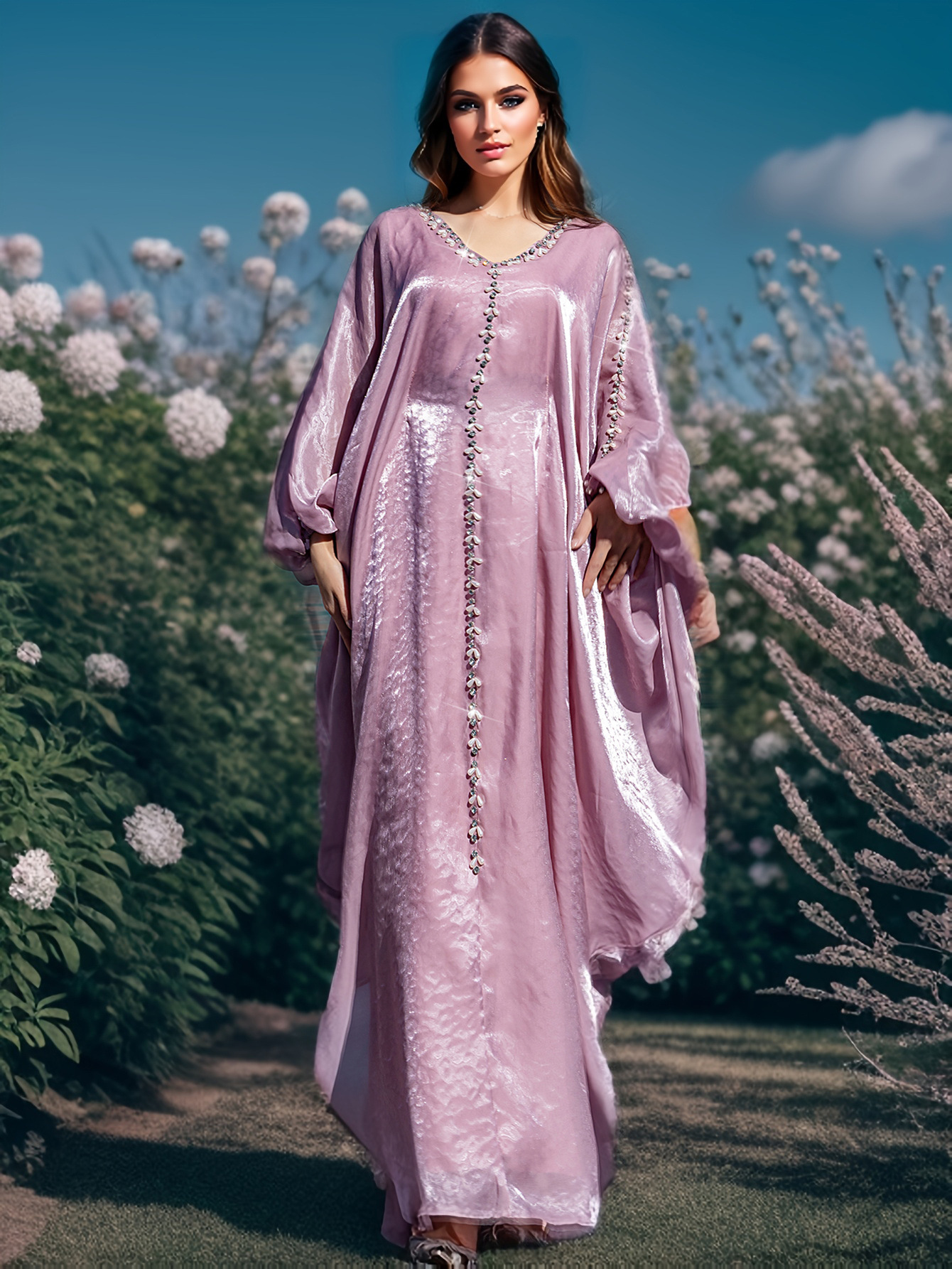 Women's pink batwing sleeve cloak dress - front view with hand-stitched beads