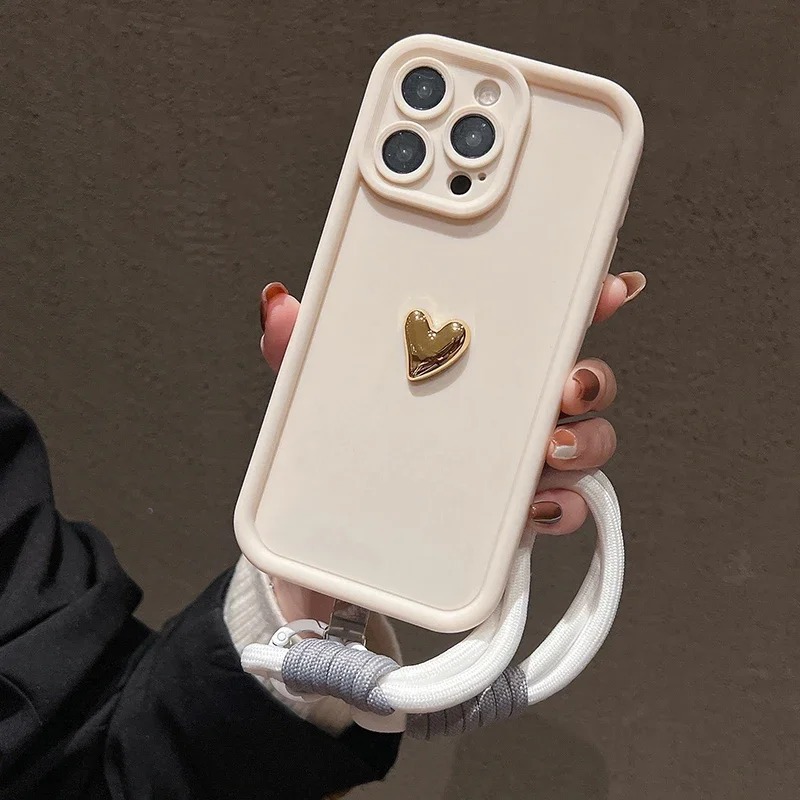 Silicone Phone Case With Lanyard Heart Design And Gold-plated Finish