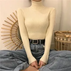 Slim-fit Solid-colour Pullover Form-fitting Turtleneck Sweater - Apricot - View 1