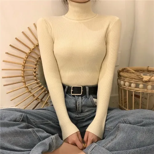 Slim-fit Solid-color Pullover Form-fitting Turtleneck Sweater - Apricot