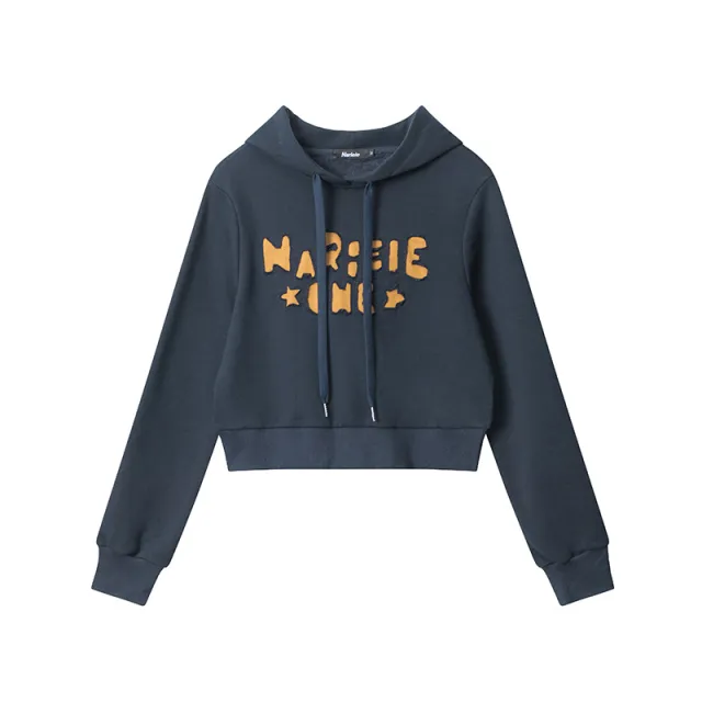 Hooded Paste Cloth Embroidery Short Navel Sweater Sapphire Blue - Shop at LoveMi