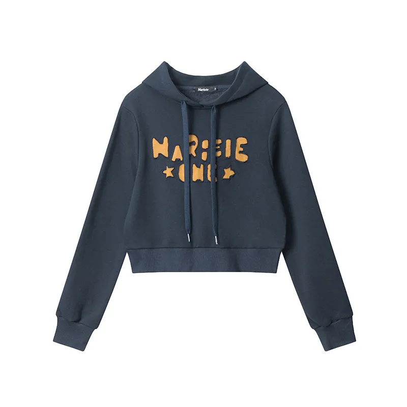 Hooded Paste Cloth Embroidery Short Navel Sweater - Sapphire Blue