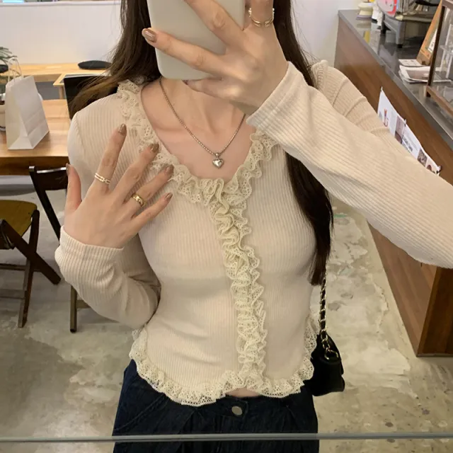 Lace Slim Women Long t shirt Apricot - Shop at LoveMi