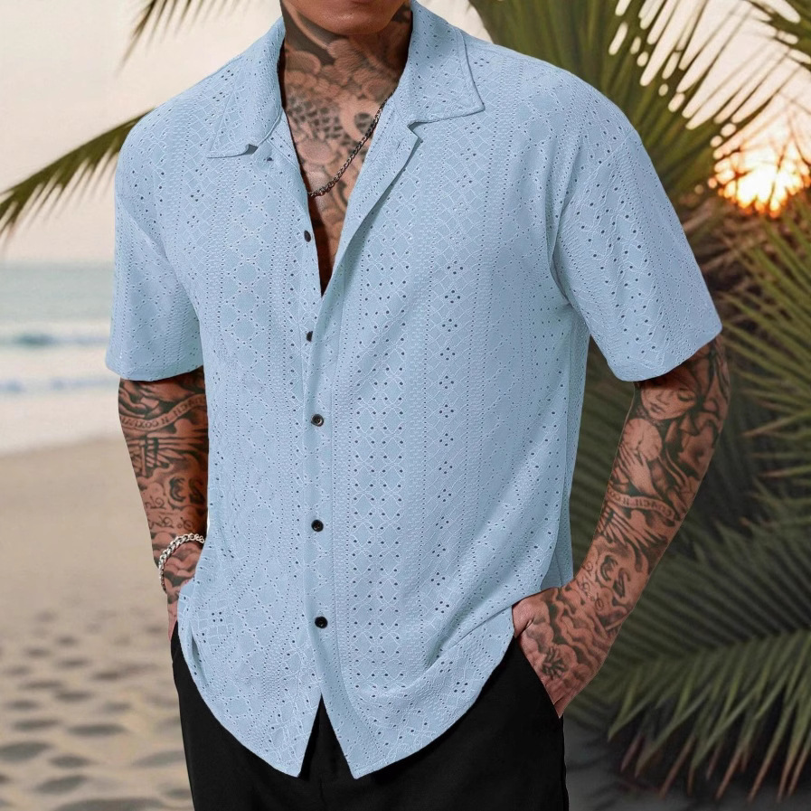 Mens Versatile Hollow-Out Jacquard Casual Shirt