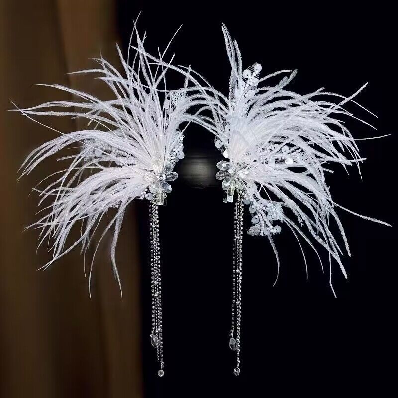Feather Barrettes Fairy Beautiful Bridal Crystal Fringed Headwear